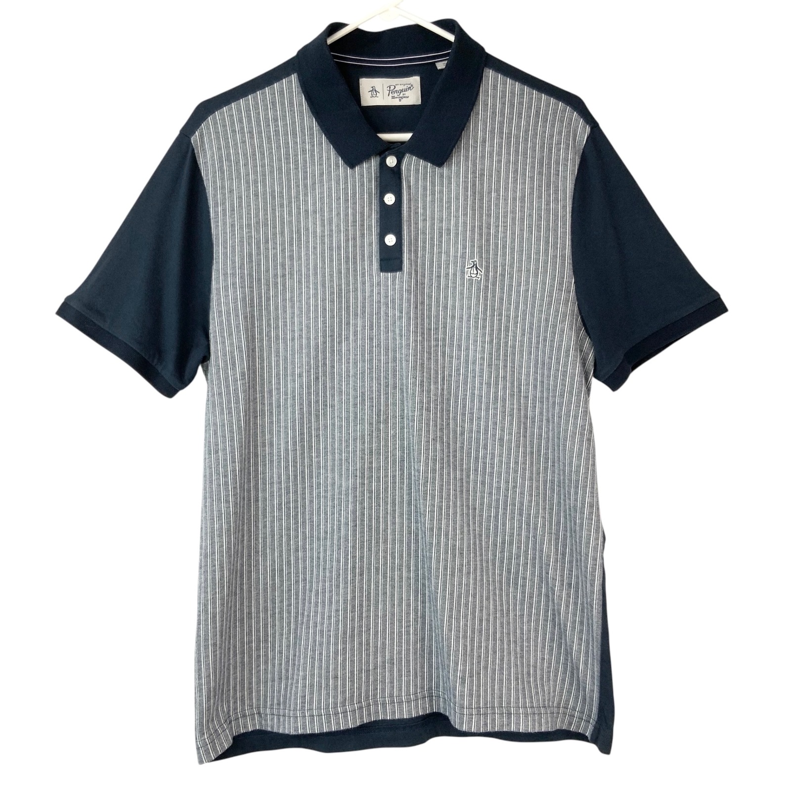 Original Penguin Navy Pinstripe Polo Shirt Size L Slim Fit Collared Short Sleeve
